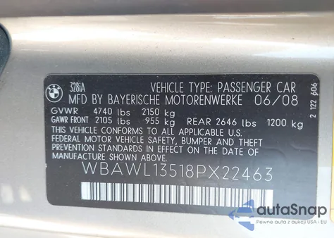 2008 BMW 328I z USA, uszkodzony, nr VIN WBAWL13518PX22463